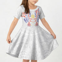 Philippines Barong Style Kid Short Sleeve Dress Polynesian Kakau Art Tattoos with Tribal Filipino Sun LT03 KID White - Polynesian Pride