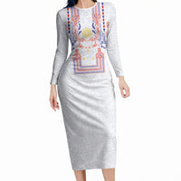 Philippines Barong Style Long Sleeve Bodycon Dress Polynesian Kakau Art Tattoos with Tribal Filipino Sun LT03 Long Dress White - Polynesian Pride