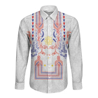 Philippines Barong Style Long Sleeve Button Shirt Polynesian Kakau Art Tattoos with Tribal Filipino Sun LT03 Unisex White - Polynesian Pride