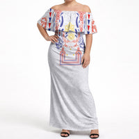 Philippines Barong Style Off Shoulder Maxi Dress Polynesian Kakau Art Tattoos with Tribal Filipino Sun LT03 Women White - Polynesian Pride