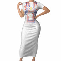 Philippines Barong Style Short Sleeve Bodycon Dress Polynesian Kakau Art Tattoos with Tribal Filipino Sun LT03 Long Dress White - Polynesian Pride