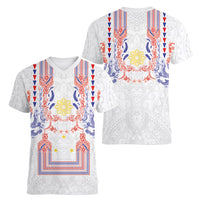 Philippines Barong Style Women V-Neck T-Shirt Polynesian Kakau Art Tattoos with Tribal Filipino Sun