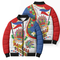 Philippines MassKara Festival Bomber Puffer Jacket Smile Masks with Hawaiian Art Pattern and Tropical Plants