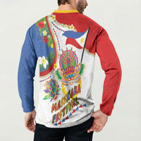 Philippines MassKara Festival Button Sweatshirt Smile Masks with Hawaiian Art Pattern and Tropical Plants