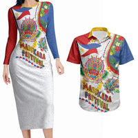 Philippines MassKara Festival Couples Matching Long Sleeve Bodycon Dress and Hawaiian Shirt Smile Masks with Hawaiian Art Pattern and Tropical Plants LT03 Multicolor - Polynesian Pride