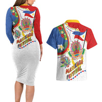 Philippines MassKara Festival Couples Matching Long Sleeve Bodycon Dress and Hawaiian Shirt Smile Masks with Hawaiian Art Pattern and Tropical Plants