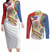 Philippines MassKara Festival Couples Matching Long Sleeve Bodycon Dress and Long Sleeve Button Shirt Smile Masks with Hawaiian Art Pattern and Tropical Plants LT03 Multicolor - Polynesian Pride