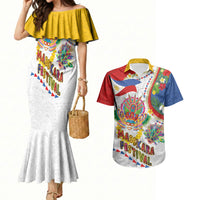 Philippines MassKara Festival Couples Matching Mermaid Dress and Hawaiian Shirt Smile Masks with Hawaiian Art Pattern and Tropical Plants LT03 Multicolor - Polynesian Pride