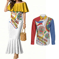 Philippines MassKara Festival Couples Matching Mermaid Dress and Long Sleeve Button Shirt Smile Masks with Hawaiian Art Pattern and Tropical Plants LT03 Multicolor - Polynesian Pride