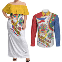Philippines MassKara Festival Couples Matching Off Shoulder Maxi Dress and Long Sleeve Button Shirt Smile Masks with Hawaiian Art Pattern and Tropical Plants LT03 Multicolor - Polynesian Pride