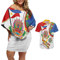 Philippines MassKara Festival Couples Matching Off Shoulder Short Dress and Hawaiian Shirt Smile Masks with Hawaiian Art Pattern and Tropical Plants