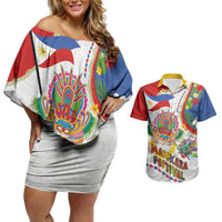 Philippines MassKara Festival Couples Matching Off Shoulder Short Dress and Hawaiian Shirt Smile Masks with Hawaiian Art Pattern and Tropical Plants LT03 Multicolor - Polynesian Pride