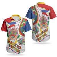 Philippines MassKara Festival Couples Matching Off Shoulder Short Dress and Hawaiian Shirt Smile Masks with Hawaiian Art Pattern and Tropical Plants LT03 - Polynesian Pride