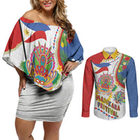 Philippines MassKara Festival Couples Matching Off Shoulder Short Dress and Long Sleeve Button Shirt Smile Masks with Hawaiian Art Pattern and Tropical Plants LT03 Multicolor - Polynesian Pride