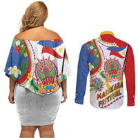 Philippines MassKara Festival Couples Matching Off Shoulder Short Dress and Long Sleeve Button Shirt Smile Masks with Hawaiian Art Pattern and Tropical Plants