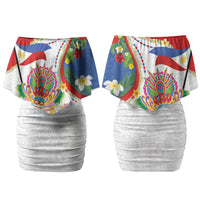 Philippines MassKara Festival Couples Matching Off Shoulder Short Dress and Long Sleeve Button Shirt Smile Masks with Hawaiian Art Pattern and Tropical Plants LT03 - Polynesian Pride