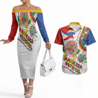 Philippines MassKara Festival Couples Matching Off The Shoulder Long Sleeve Dress and Hawaiian Shirt Smile Masks with Hawaiian Art Pattern and Tropical Plants LT03 Multicolor - Polynesian Pride