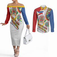 Philippines MassKara Festival Couples Matching Off The Shoulder Long Sleeve Dress and Long Sleeve Button Shirt Smile Masks with Hawaiian Art Pattern and Tropical Plants LT03 Multicolor - Polynesian Pride