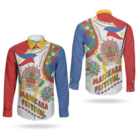 Philippines MassKara Festival Couples Matching Off The Shoulder Long Sleeve Dress and Long Sleeve Button Shirt Smile Masks with Hawaiian Art Pattern and Tropical Plants LT03 - Polynesian Pride