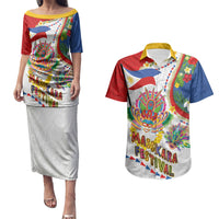 Philippines MassKara Festival Couples Matching Puletasi and Hawaiian Shirt Smile Masks with Hawaiian Art Pattern and Tropical Plants LT03 Multicolor - Polynesian Pride