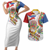 Philippines MassKara Festival Couples Matching Short Sleeve Bodycon Dress and Hawaiian Shirt Smile Masks with Hawaiian Art Pattern and Tropical Plants LT03 Multicolor - Polynesian Pride