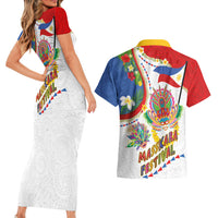 Philippines MassKara Festival Couples Matching Short Sleeve Bodycon Dress and Hawaiian Shirt Smile Masks with Hawaiian Art Pattern and Tropical Plants
