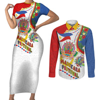Philippines MassKara Festival Couples Matching Short Sleeve Bodycon Dress and Long Sleeve Button Shirt Smile Masks with Hawaiian Art Pattern and Tropical Plants