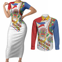 Philippines MassKara Festival Couples Matching Short Sleeve Bodycon Dress and Long Sleeve Button Shirt Smile Masks with Hawaiian Art Pattern and Tropical Plants LT03 Multicolor - Polynesian Pride