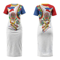 Philippines MassKara Festival Couples Matching Short Sleeve Bodycon Dress and Long Sleeve Button Shirt Smile Masks with Hawaiian Art Pattern and Tropical Plants LT03 - Polynesian Pride