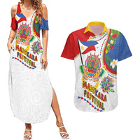 Philippines MassKara Festival Couples Matching Summer Maxi Dress and Hawaiian Shirt Smile Masks with Hawaiian Art Pattern and Tropical Plants