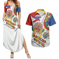Philippines MassKara Festival Couples Matching Summer Maxi Dress and Hawaiian Shirt Smile Masks with Hawaiian Art Pattern and Tropical Plants LT03 Multicolor - Polynesian Pride