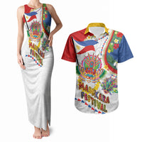 Philippines MassKara Festival Couples Matching Tank Maxi Dress and Hawaiian Shirt Smile Masks with Hawaiian Art Pattern and Tropical Plants LT03 Multicolor - Polynesian Pride