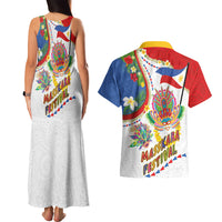 Philippines MassKara Festival Couples Matching Tank Maxi Dress and Hawaiian Shirt Smile Masks with Hawaiian Art Pattern and Tropical Plants