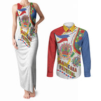Philippines MassKara Festival Couples Matching Tank Maxi Dress and Long Sleeve Button Shirt Smile Masks with Hawaiian Art Pattern and Tropical Plants LT03 Multicolor - Polynesian Pride