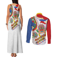 Philippines MassKara Festival Couples Matching Tank Maxi Dress and Long Sleeve Button Shirt Smile Masks with Hawaiian Art Pattern and Tropical Plants