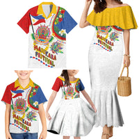 Philippines MassKara Festival Family Matching Mermaid Dress and Hawaiian Shirt Smile Masks with Hawaiian Art Pattern and Tropical Plants