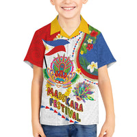 Philippines MassKara Festival Family Matching Off The Shoulder Long Sleeve Dress and Hawaiian Shirt Smile Masks with Hawaiian Art Pattern and Tropical Plants