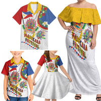 Philippines MassKara Festival Family Matching Off Shoulder Maxi Dress and Hawaiian Shirt Smile Masks with Hawaiian Art Pattern and Tropical Plants LT03 - Polynesian Pride