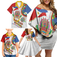 Philippines MassKara Festival Family Matching Off Shoulder Short Dress and Hawaiian Shirt Smile Masks with Hawaiian Art Pattern and Tropical Plants LT03 - Polynesian Pride