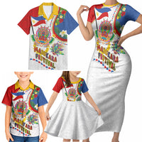 Philippines MassKara Festival Family Matching Short Sleeve Bodycon Dress and Hawaiian Shirt Smile Masks with Hawaiian Art Pattern and Tropical Plants LT03 - Polynesian Pride