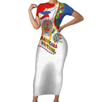 Philippines MassKara Festival Family Matching Short Sleeve Bodycon Dress and Hawaiian Shirt Smile Masks with Hawaiian Art Pattern and Tropical Plants