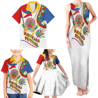 Philippines MassKara Festival Family Matching Tank Maxi Dress and Hawaiian Shirt Smile Masks with Hawaiian Art Pattern and Tropical Plants