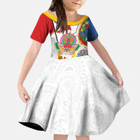 Philippines MassKara Festival Kid Short Sleeve Dress Smile Masks with Hawaiian Art Pattern and Tropical Plants