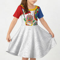 Philippines MassKara Festival Kid Short Sleeve Dress Smile Masks with Hawaiian Art Pattern and Tropical Plants LT03 KID Multicolor - Polynesian Pride