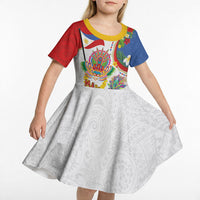 Philippines MassKara Festival Kid Short Sleeve Dress Smile Masks with Hawaiian Art Pattern and Tropical Plants LT03 - Polynesian Pride