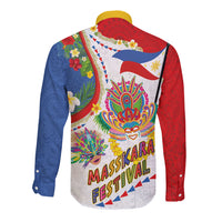Philippines MassKara Festival Long Sleeve Button Shirt Smile Masks with Hawaiian Art Pattern and Tropical Plants