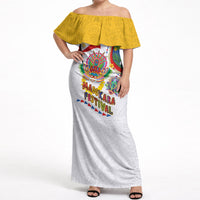Philippines MassKara Festival Off Shoulder Maxi Dress Smile Masks with Hawaiian Art Pattern and Tropical Plants LT03 Women Multicolor - Polynesian Pride
