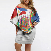 Philippines MassKara Festival Off Shoulder Short Dress Smile Masks with Hawaiian Art Pattern and Tropical Plants LT03 Women Multicolor - Polynesian Pride