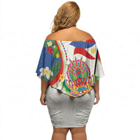 Philippines MassKara Festival Off Shoulder Short Dress Smile Masks with Hawaiian Art Pattern and Tropical Plants LT03 - Polynesian Pride