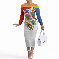 Philippines MassKara Festival Off The Shoulder Long Sleeve Dress Smile Masks with Hawaiian Art Pattern and Tropical Plants LT03 Women Multicolor - Polynesian Pride
